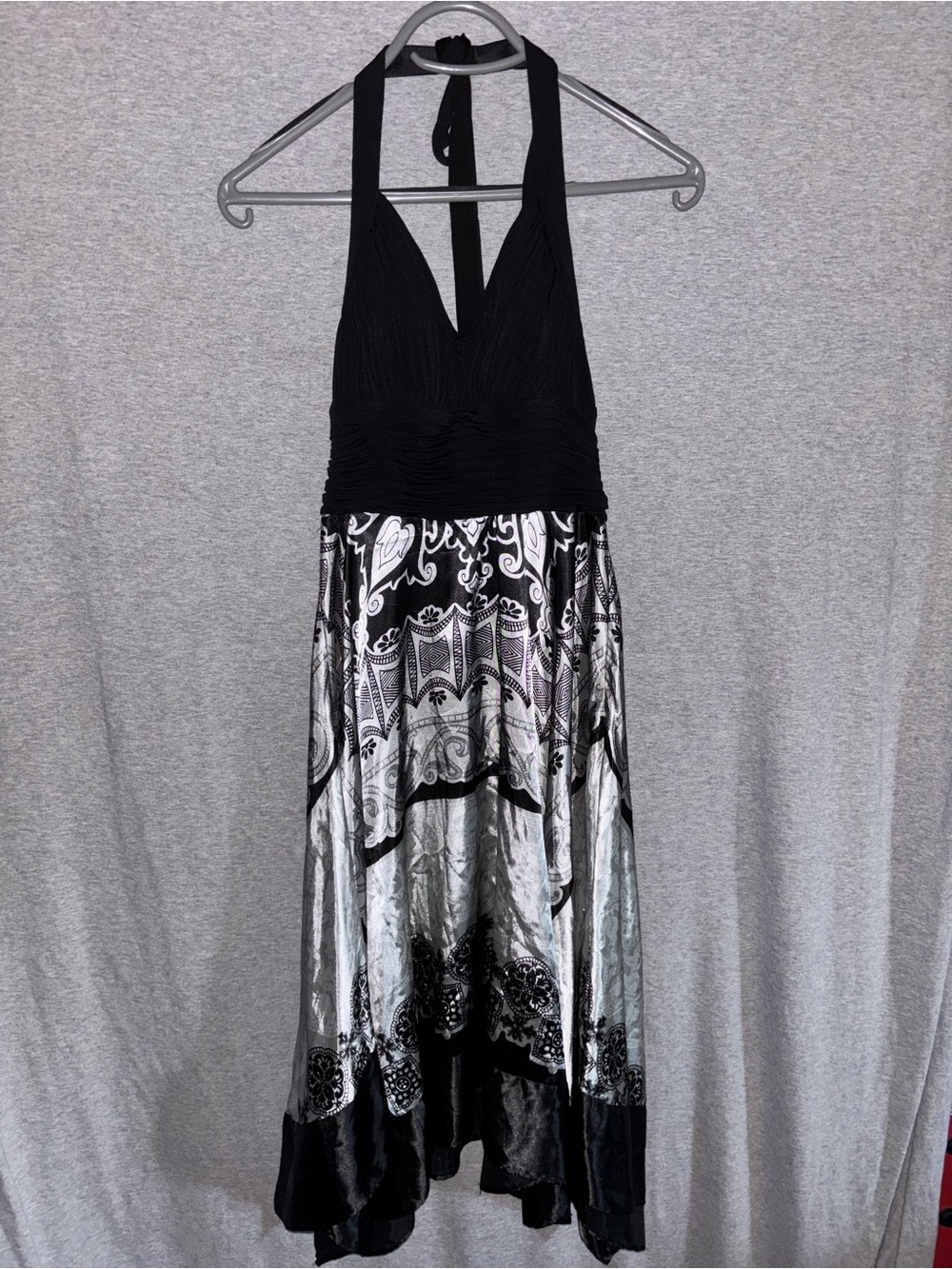 Black Halter Midi Dress with Patterned Skirt